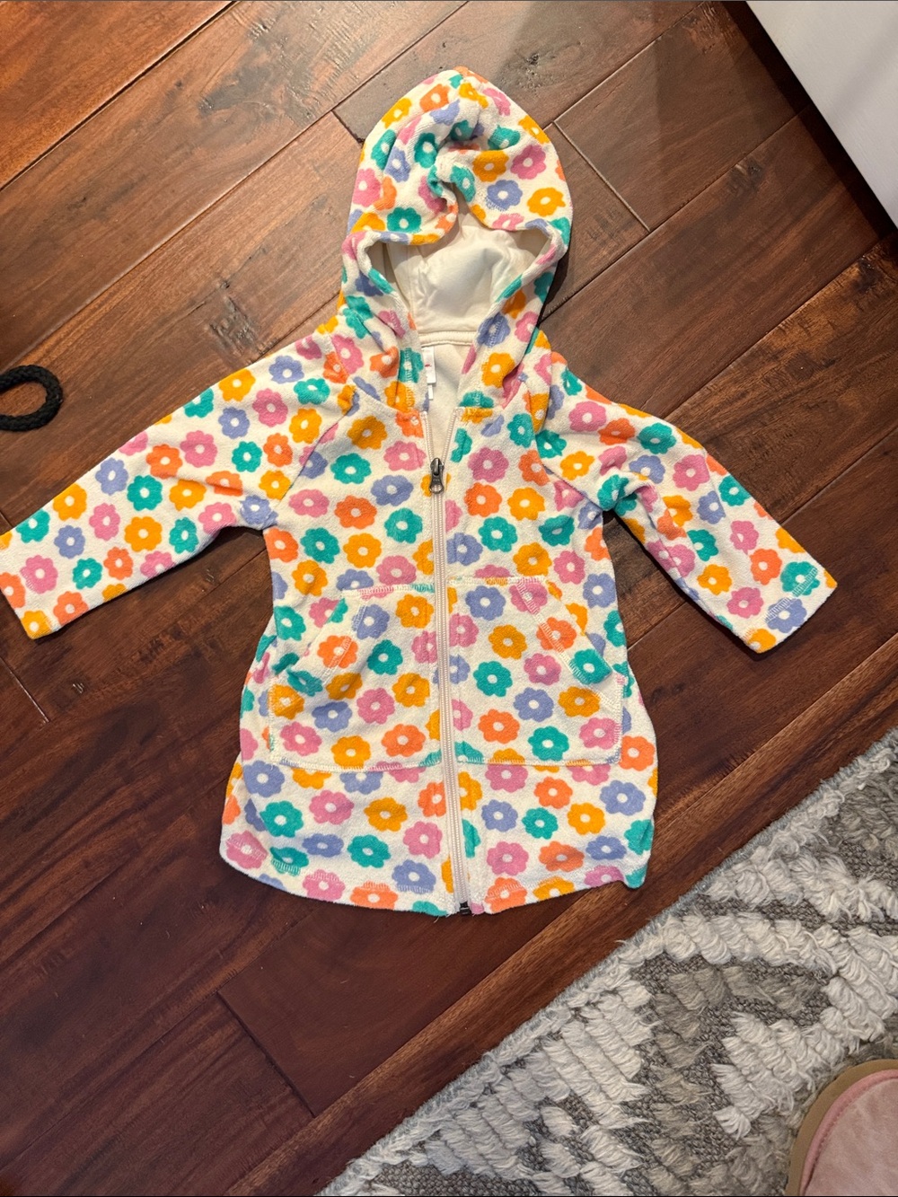 Hanna Andersson White Hooded Kids Swim Coverup with Multicolor Flower Print